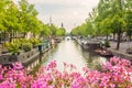 Blooming pink flowers on an Amsterdam canal bridge