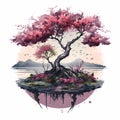 Blooming sacura tree on an island, stunning spring watercolor illustration