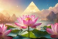 Blooming pink lotus flowers in a pond, against background of shining pyramid. Magic relax atmosphere. Concept of