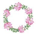 Blooming pink white lotus, anchan leaves. Wreath with Water Lily, wisteria leaves. Indian lotus, green leaf, sacred