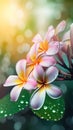 Blooming plumeria flowers with drops of water close-up background. Ai generated