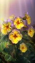 Blooming primrose flowers with drops of water close-up background.