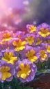 Blooming primrose flowers with drops of water close-up background. Floral wallpaper. Ai generated