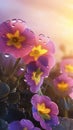 Blooming primrose flowers with drops of water close-up background. Floral wallpaper. Ai generated