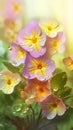 Blooming primrose flowers with drops of water close-up background. Summer wallpaper. Ai generated