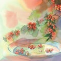 Blooming quince still-life watercolor