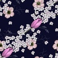 Blooming realistic isolated flowers of chamomile and tulips. Hand drawn vector illustration. Trendy seamless floral pattern. Royalty Free Stock Photo