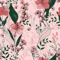Blooming Realistic Isolated Flowers. Hand Drawn. Vector Illustration. Retro Wild Seamless Flower Pattern. Vintage Background.