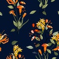 Blooming realistic isolated flowers. Hand drawn vector illustration. Blossom floral seamless pattern. Vintage background Royalty Free Stock Photo