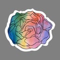 Blooming rose with black contour and wanercolor filling isolated on the white background. Vector handdrawn illustration