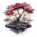 Blooming sacura tree on an island, stunning spring watercolor illustration