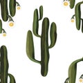 Blooming saguaro cactus. Seamless watercolor pattern for wrapping paper, wallpaper and textiles.