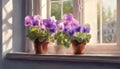 Blooming Saintpaulia. Saintpaulia flowers in a pot on a window sill. Selective focus. AI generated