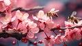 Blooming sakura with bees collecting nectar, watching the surrounding nature. AI generated