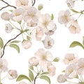 Blooming Sakura Decor for Fabric Art. Cherry Flower Seamless Pattern with Blossoms and Leaves on White Color Background