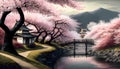 Blooming sakura in Japan, river and mountains in spring, illustration, generative AI