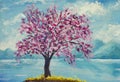 Blooming sakura on water oil painting. Royalty Free Stock Photo