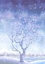 Blooming snow-covered winter fairy-tale tree