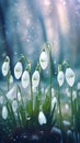 Blooming snowdrop flowers with drops of water close-up background.