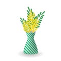 Blooming sprig of mimosa in a vase. A greeting card for Women\'s Day. Vector