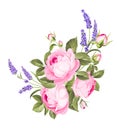 Blooming spring flowers garland of purple roses and violet lavender. Label with rose and lavender flowers.