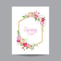 Blooming Spring and Summer Floral Frame with Golden Glitter Border. Watercolor Roses Flowers for Invitation, Wedding