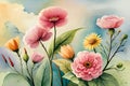 blooming spring summer watercolor floral background pattern of elegant painting of watercolor flowers in pastel orange, pink and