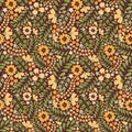 Blooming summer meadow seamless pattern. Repeating dense flower background. Lot of different yellow flowers buds leaves stems