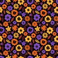 Blooming summer meadow seamless pattern. Repeating floral pattern on dark background. Lot of different wild yellow, red