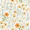 Blooming summer meadow seamless pattern. Repeating floral pattern on white background. Lot of different wild yellow