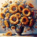Blooming sunflower in a vase, bold painting, floral art, beautiful, unique