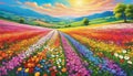 Blooming Symphony: Vibrant Flower Field in Full Bloom, Surrounded by Ethereal Clouds Royalty Free Stock Photo