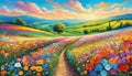 Blooming Symphony: Vibrant Flower Field in Full Bloom, Surrounded by Ethereal Clouds