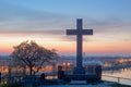 Blooming tree and Cross against Budapest view