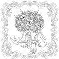 Blooming tree cute hare floral frame art design elements monochrome stock vector illustration