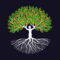 Blooming tree of life illustration. Tree trunk shaped like a human body with luminous, energizing roots, green foliage and orange