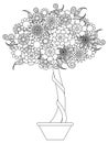 Blooming tree in a pot, anti stress coloring page