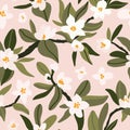 Seamless pattern with flowers and leaves. Spring floral texture. Hand drawn botanical vector illustration with white Cherry
