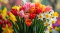 Blooming tulips, daffodils, and Easter lilies in a vibrant springtime arrangement