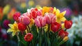 Blooming tulips, daffodils, and Easter lilies in a vibrant springtime arrangement