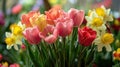 Blooming tulips, daffodils, and Easter lilies in a vibrant springtime arrangement