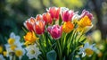 Blooming tulips, daffodils, and Easter lilies in a vibrant springtime arrangement