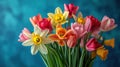 Blooming tulips, daffodils, and Easter lilies in a vibrant springtime arrangement