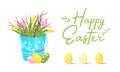 Blooming Tulips and Willow Branch in Garden Pail with Ornamental Easter or Paschal Egg Rested Nearby as Holiday Symbols