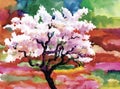 Blooming watercolor spring tree in garden vector illustration