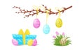 Blooming Willow Branch with Hanging Decorated Easter Egg and Gift Box as Holiday Symbols Vector Set