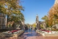 10-19-2019 Bloomington USA - University of Indiana - Family walks with college student out main gates of campus down into the town