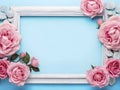 Blooms of Love. Blank Canvas for Your Sentiments Amidst Pink Roses on Pastel Blue