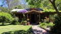 Blossom Bower Bungalow house and yard. Generative Ai Royalty Free Stock Photo