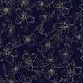 Blossom branch of golden apple flowers on blue background. Beautiful blooming flowers. Sacura seamless pattern. Greeting Royalty Free Stock Photo